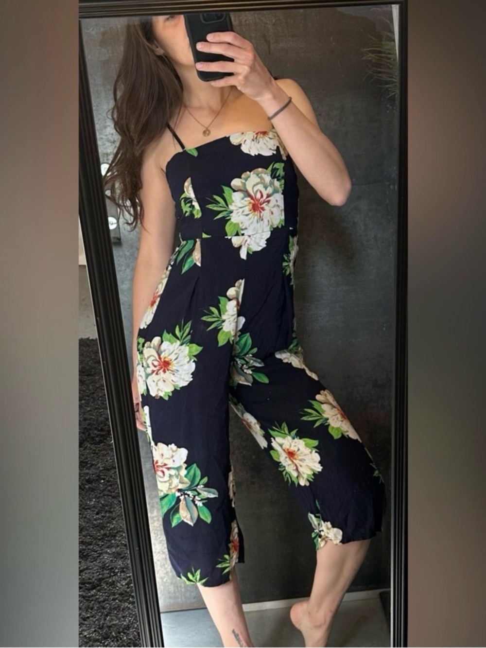 Floral Navy Strapless Jumpsuit with Cropped Legs - M